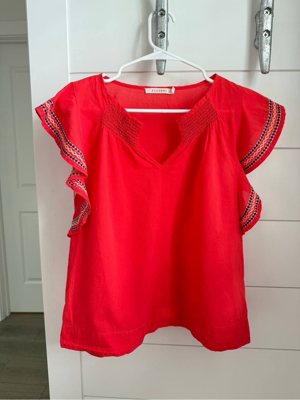 Red Flutter Sleeve Embroidered Ellison Top. Size M